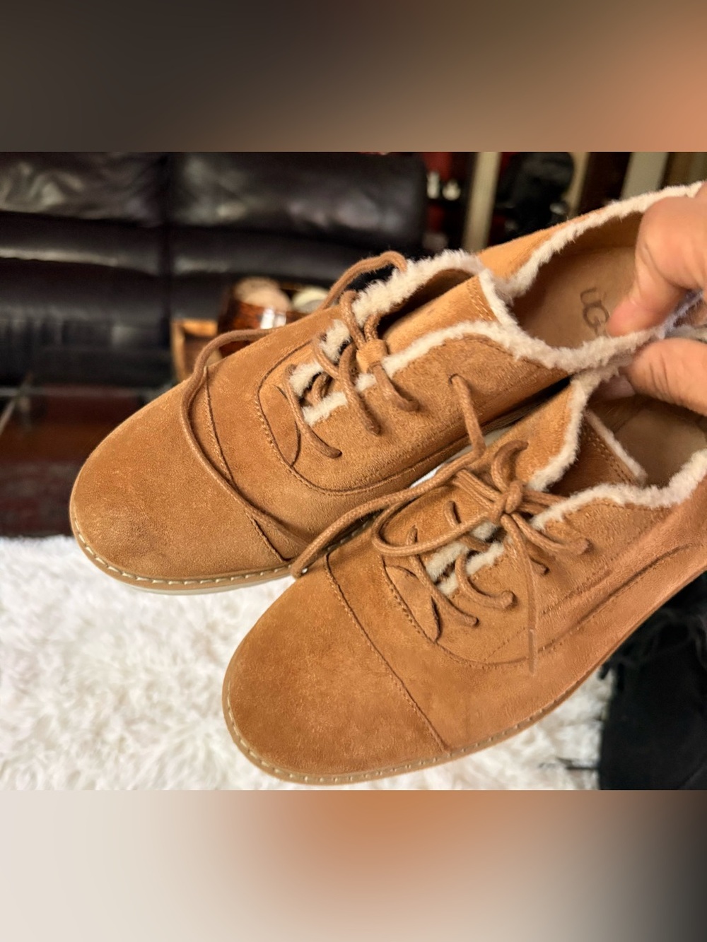 UGG Tan Suede Lace-Up Sneakers with Shearling Trim